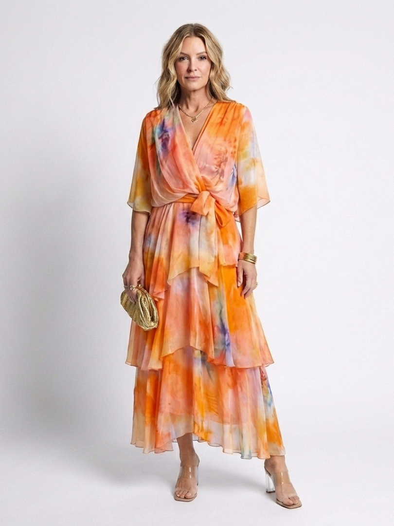 Zena™ Layered Tie Waist Maxi Dress, in Orange, full length