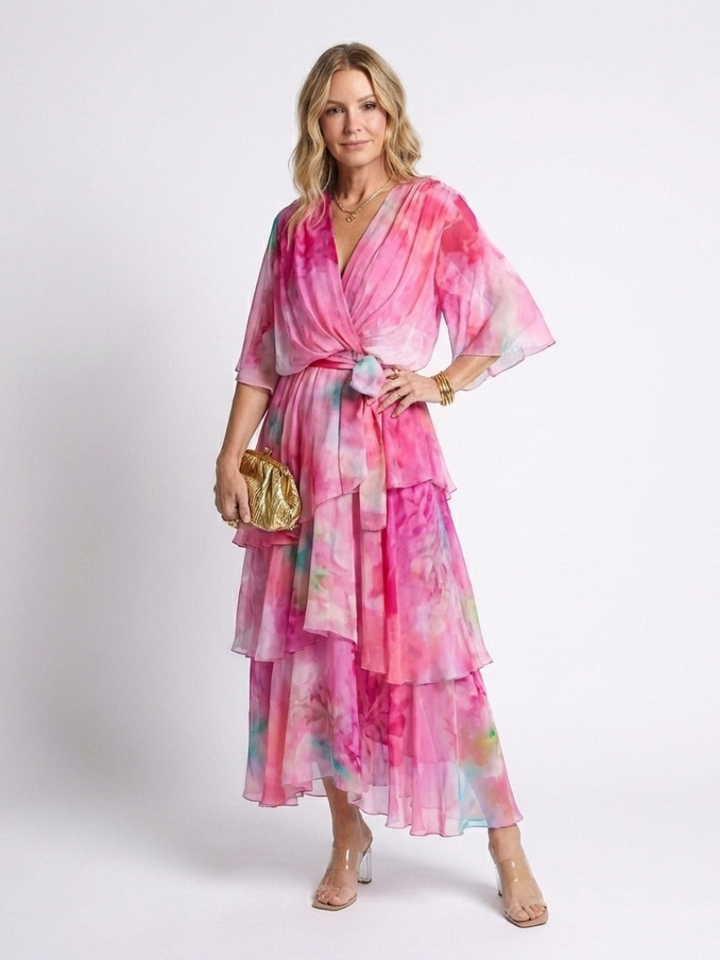 Zena™ Layered Tie Waist Maxi Dress, in Pink, full length