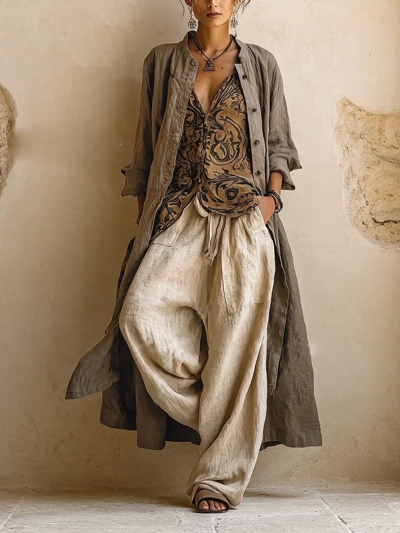 Estelle™ Printed Three-Piece Wide-Leg Set in Natural, full outfit