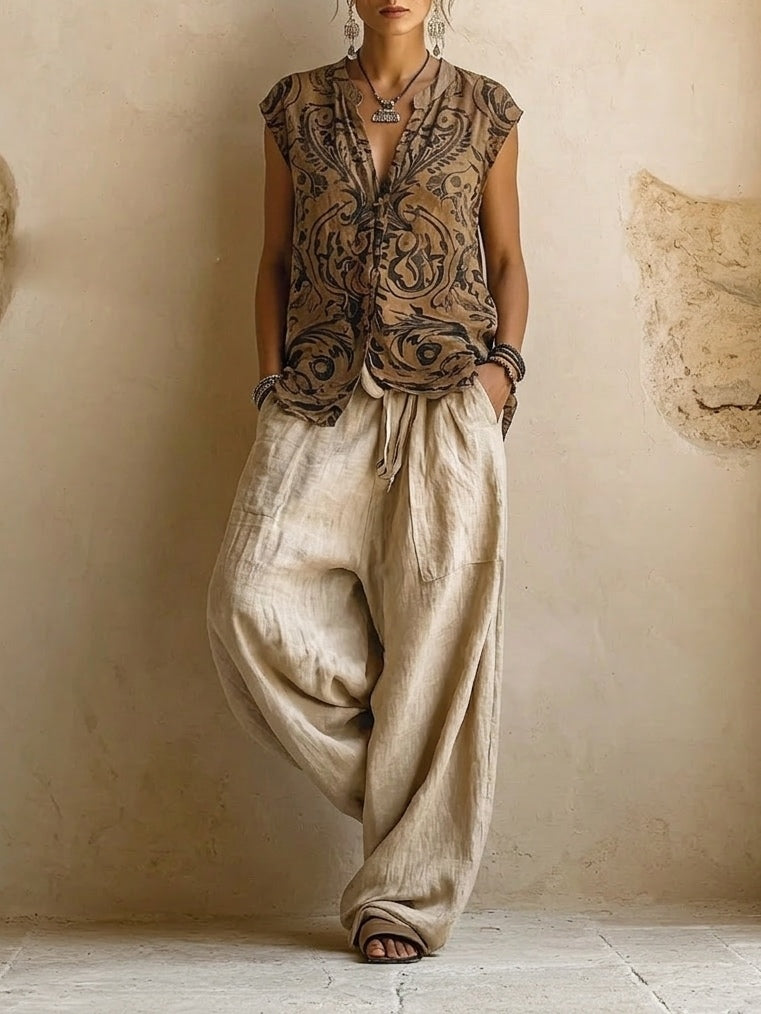 Estelle™ Printed Three-Piece Wide-Leg Set, printed top with wide-leg trousers