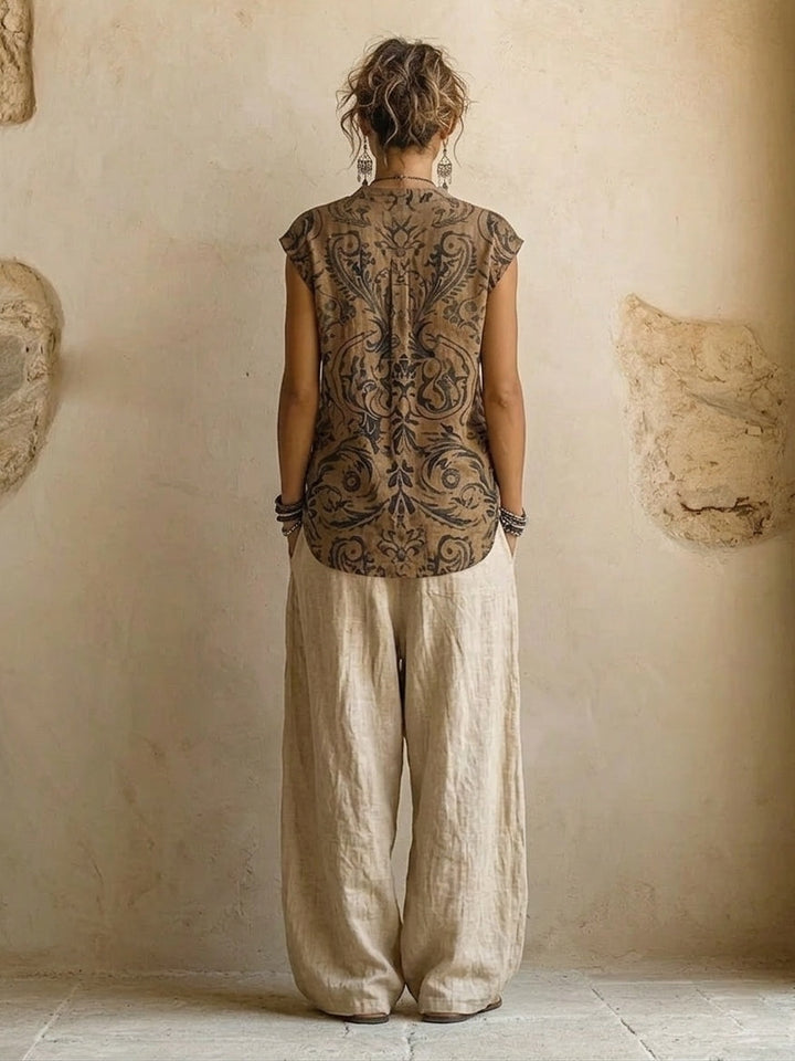 Estelle™ Printed Three-Piece Wide-Leg Set, back view of the printed top