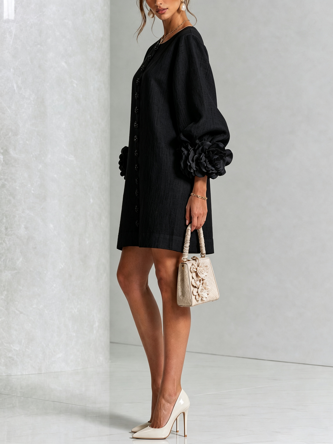 Henrietta™ Floral Button-Down Mini Dress in black, front view