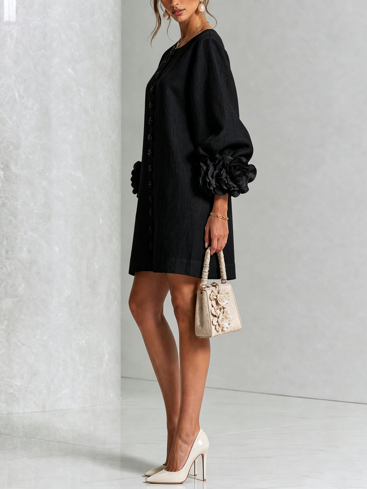 Henrietta™ Floral Button-Down Mini Dress in black, front view