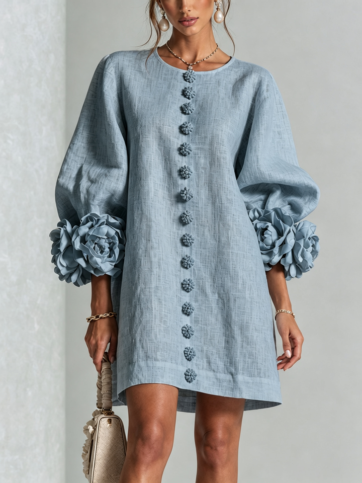 Henrietta™ Floral Button-Down Mini Dress in dusty blue, front view