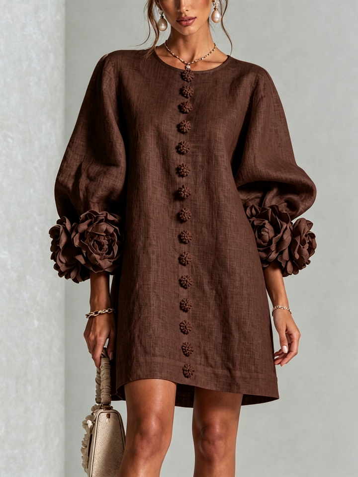 Henrietta™ Floral Button-Down Mini Dress in mocha brown, front view