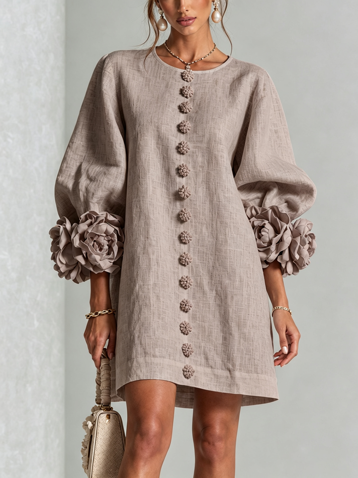 Henrietta™ Floral Button-Down Mini Dress in mushroom taupe, front view