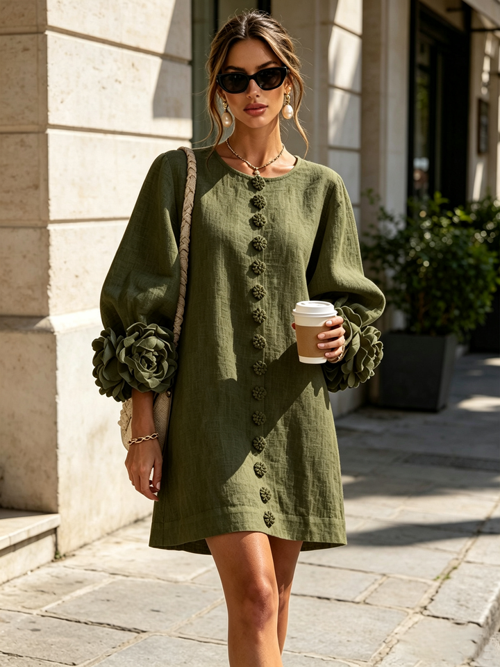 Henrietta™ Floral Button-Down Mini Dress in olive, front view