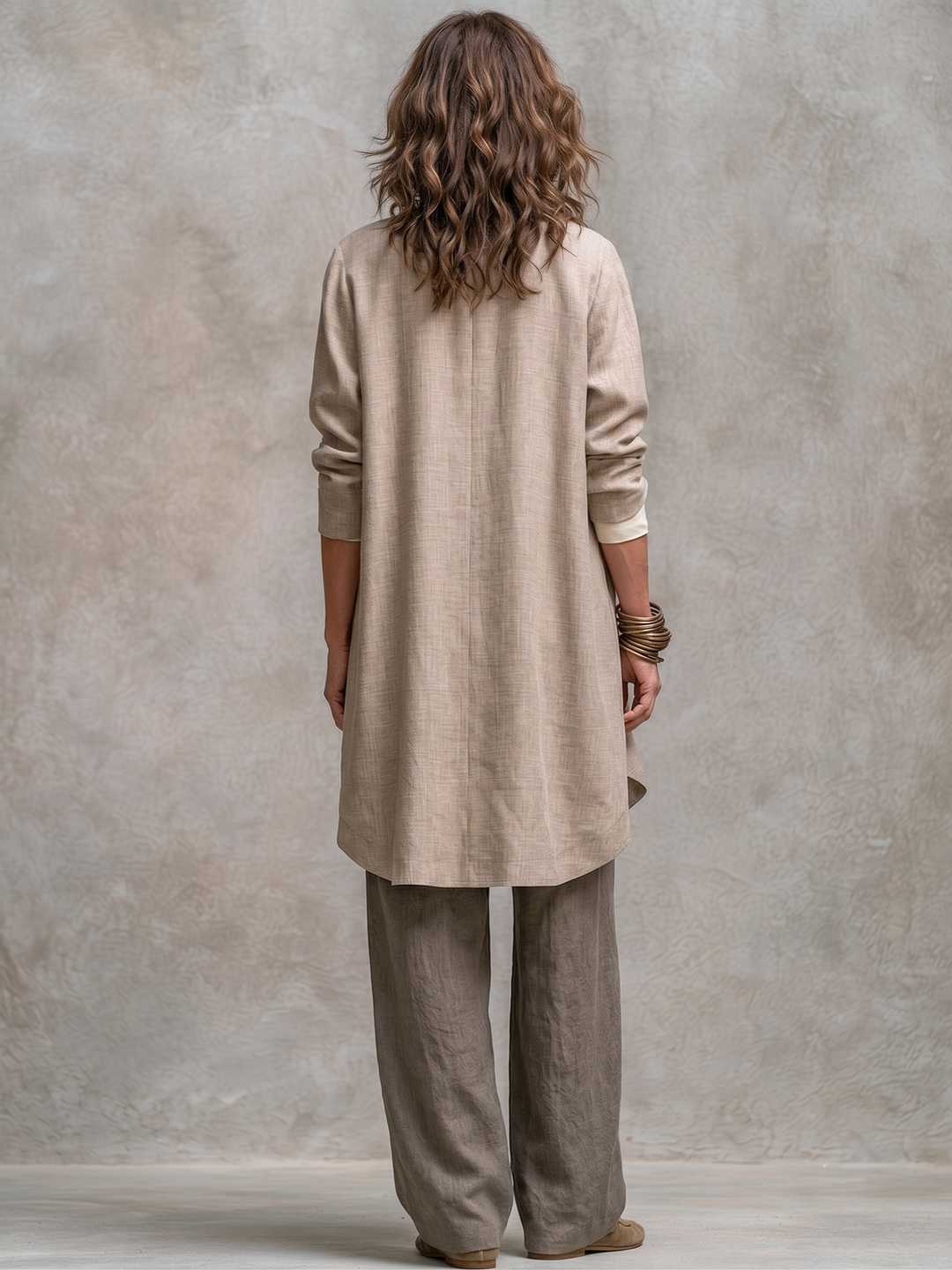 Edwina™ Three-Piece Wide-Leg Suit Set showing the long open jacket