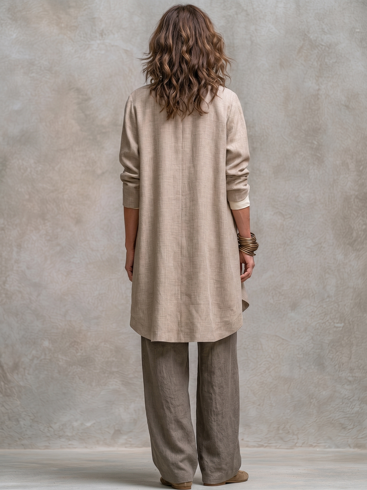 Edwina™ Three-Piece Wide-Leg Suit Set showing the long open jacket