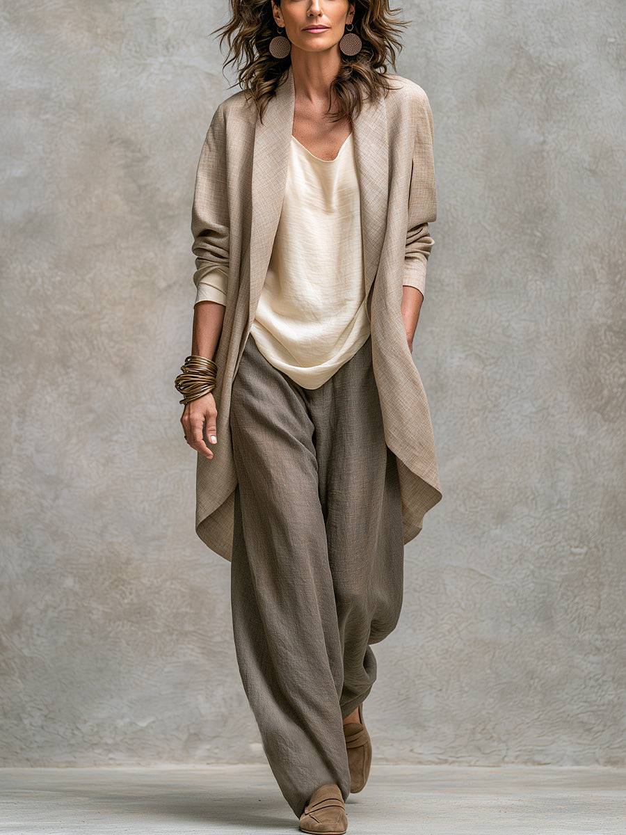 Edwina™ Three-Piece Wide-Leg Suit Set in taupe, jacket top and trousers worn together