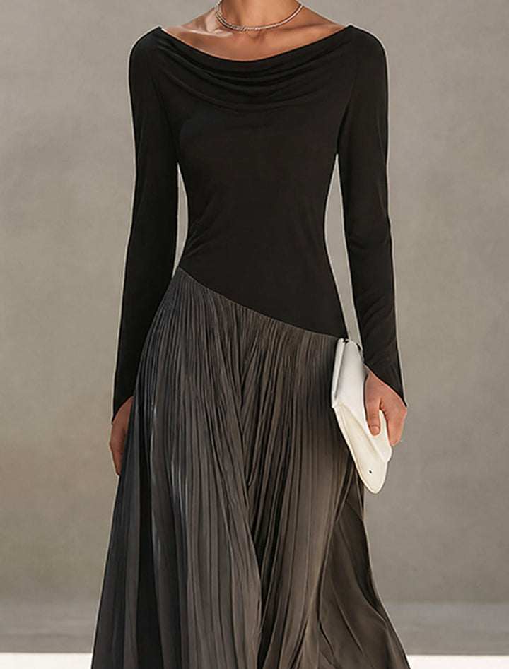 Peggy™ Two-Tone Draped Neck Maxi Dress in Black, asymmetric two-tone seam