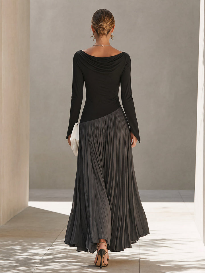 Peggy™ Two-Tone Draped Neck Maxi Dress in Black, back view