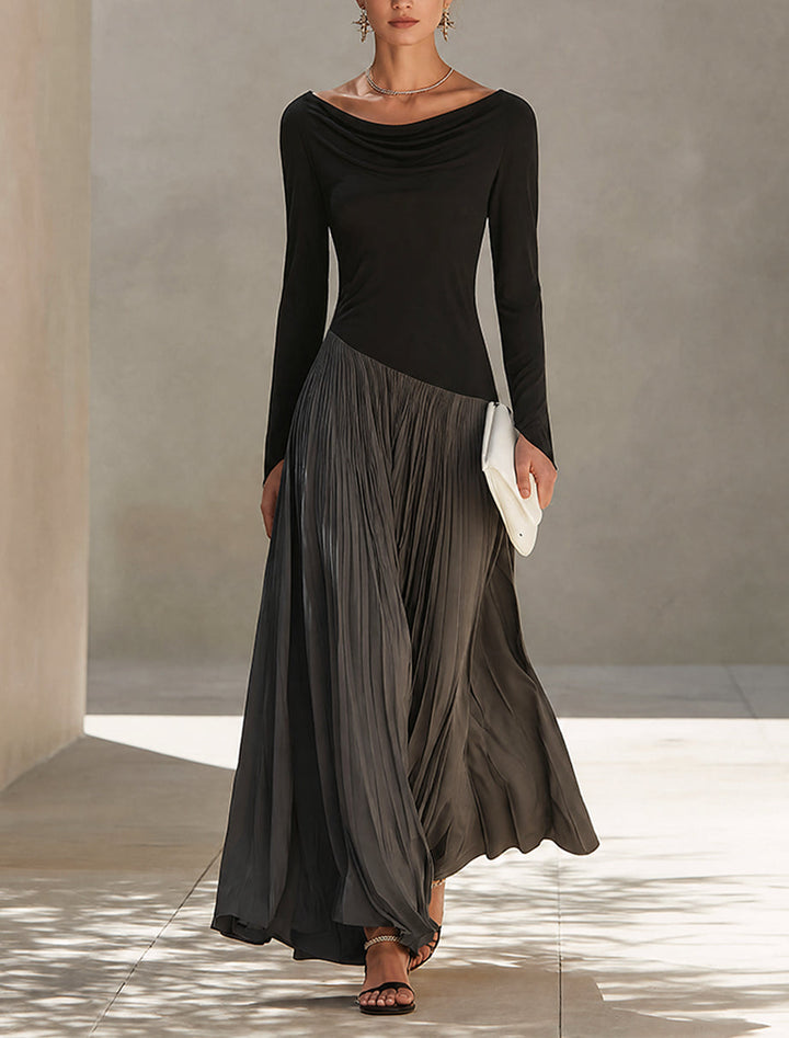Peggy™ Two-Tone Draped Neck Maxi Dress in Black, full length