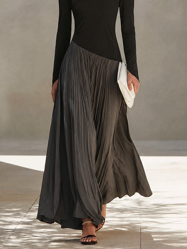 Peggy™ Two-Tone Draped Neck Maxi Dress in Black, pleated grey skirt