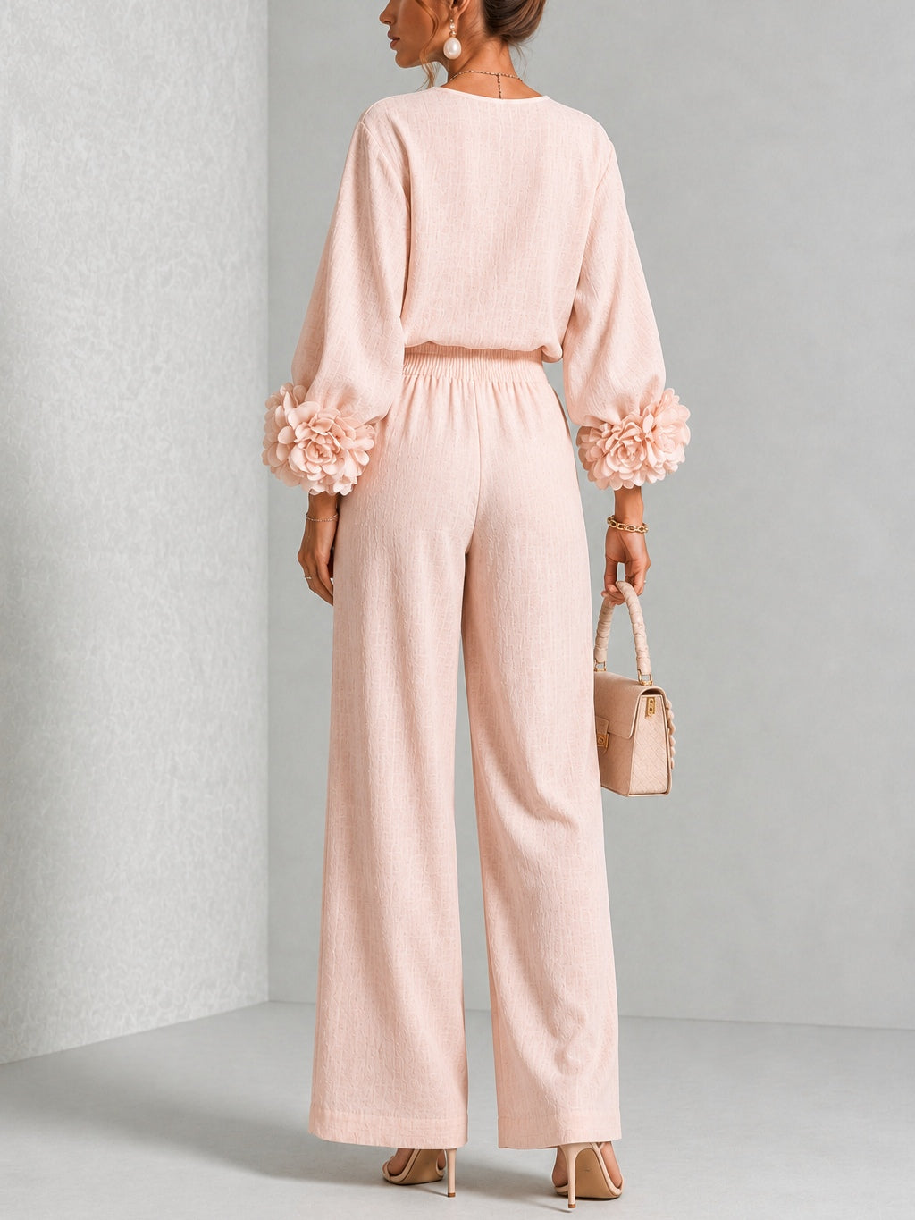 Yolanda™ Ruffle Cuff Two-Piece Set showing the crew-neck top and gathered cuffs