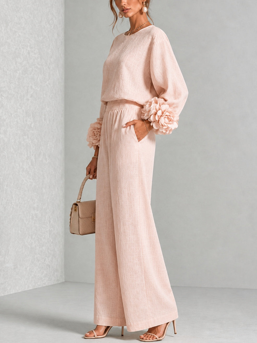 Yolanda™ Ruffle Cuff Two-Piece Set showing the high-waisted wide-leg trousers
