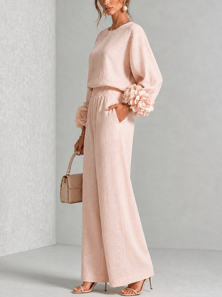 Yolanda™ Ruffle Cuff Two-Piece Set showing the high-waisted wide-leg trousers