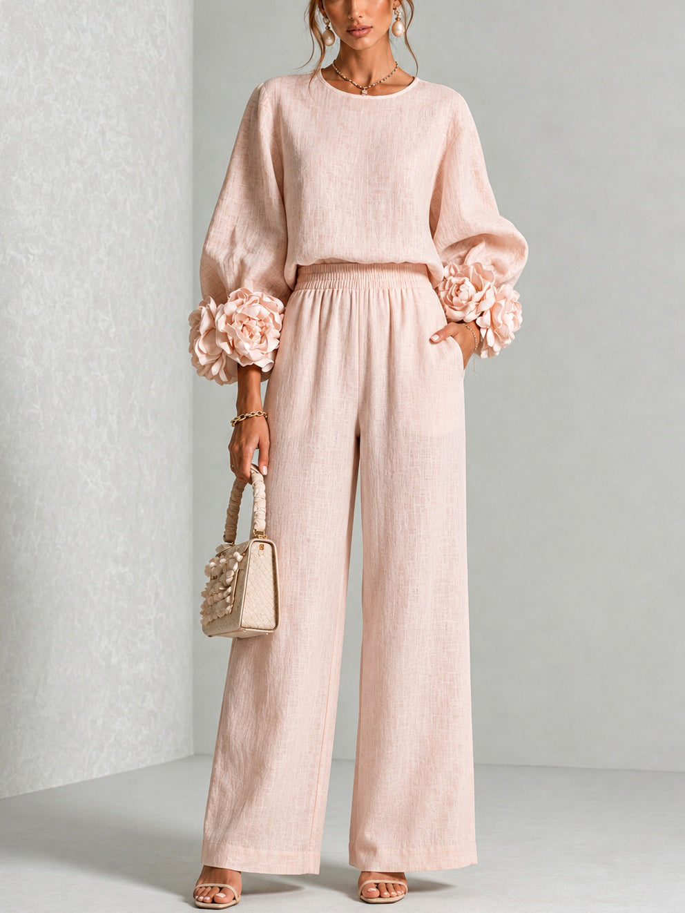Yolanda™ Ruffle Cuff Two-Piece Set in pink, full outfit
