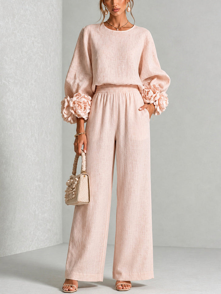 Yolanda™ Ruffle Cuff Two-Piece Set in pink, full outfit