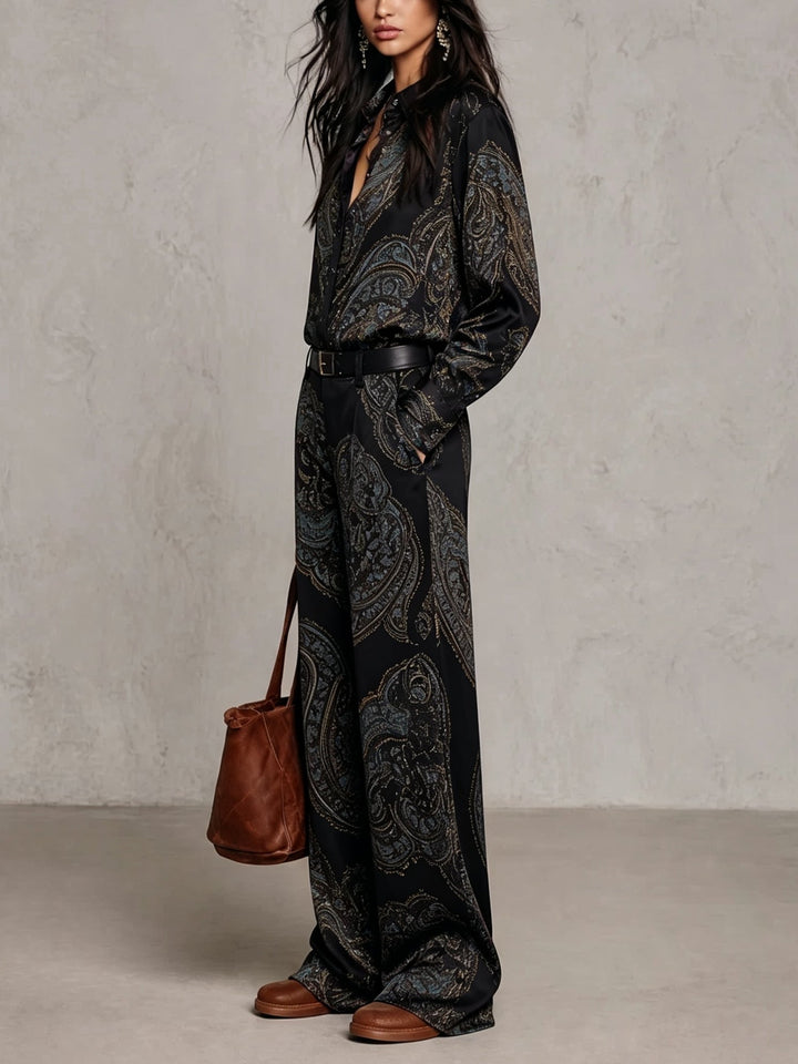 Eugenia™ Paisley Print Wide-Leg Two-Piece Set in Black, shirt detail
