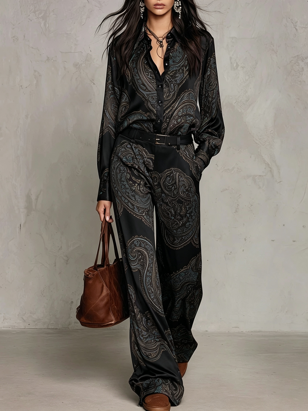 Eugenia™ Paisley Print Wide-Leg Two-Piece Set in Black, full outfit