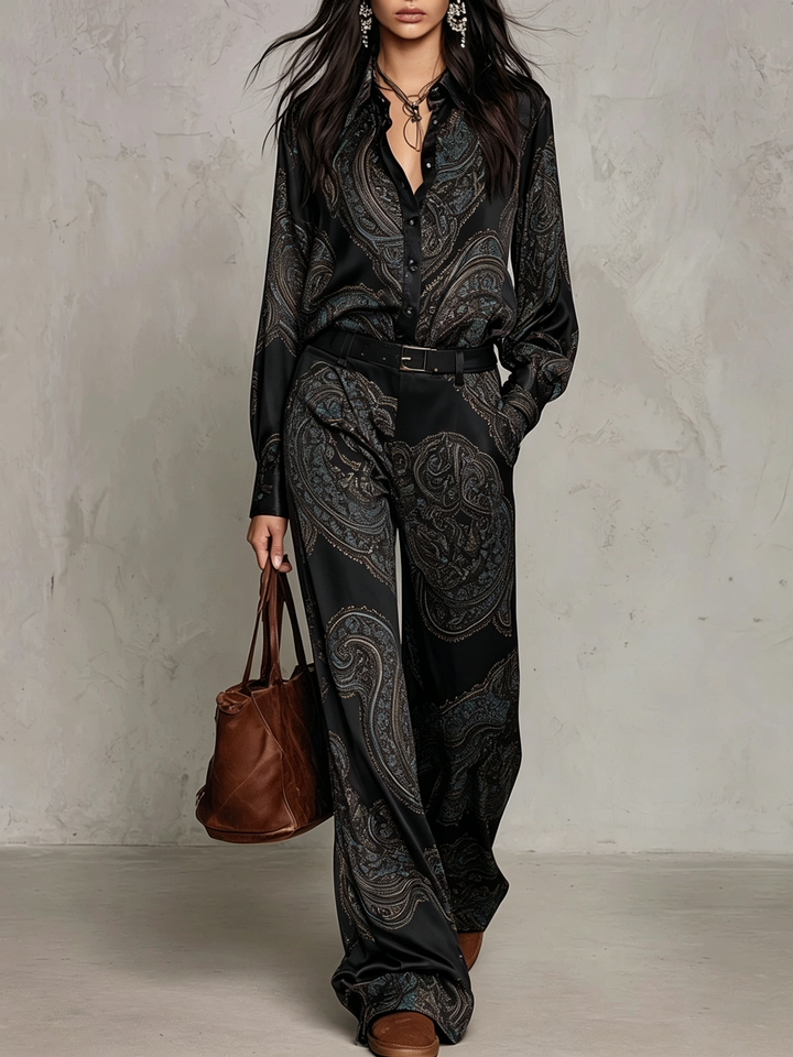 Eugenia™ Paisley Print Wide-Leg Two-Piece Set in Black, full outfit