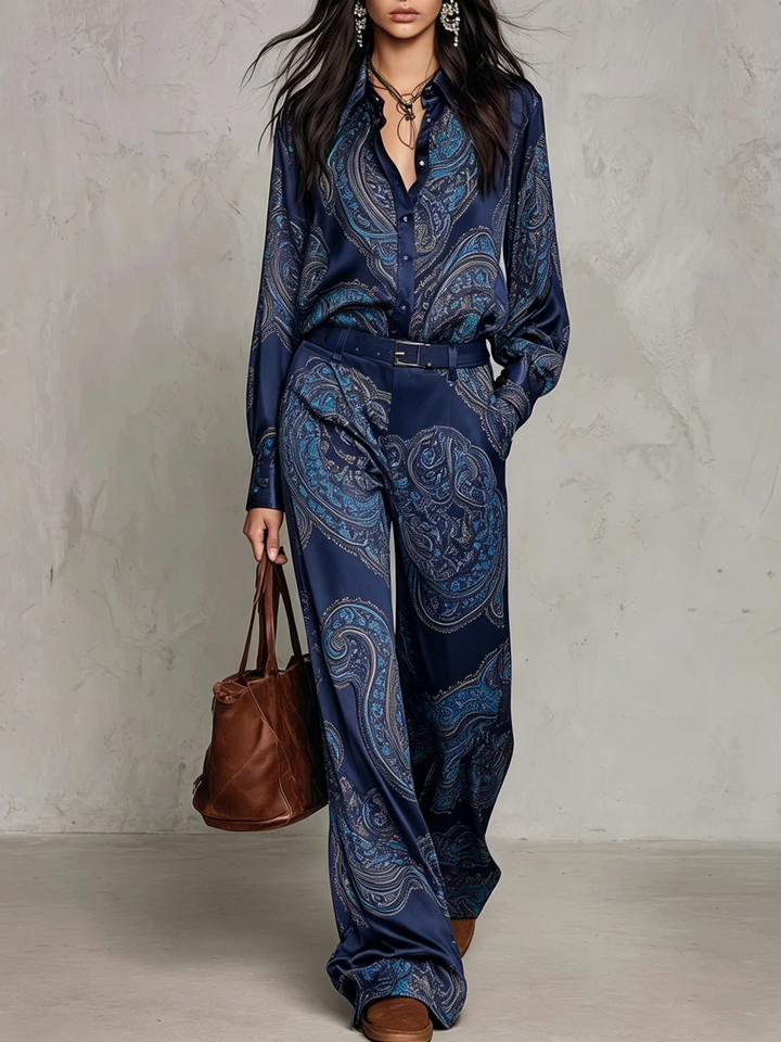 Eugenia™ Paisley Print Wide-Leg Two-Piece Set in Navy, full outfit