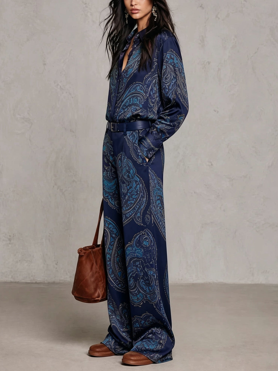Eugenia™ Paisley Print Wide-Leg Two-Piece Set in Navy, shirt detail