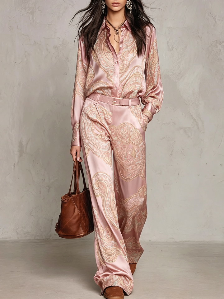 Eugenia™ Paisley Print Wide-Leg Two-Piece Set in Pink, full outfit