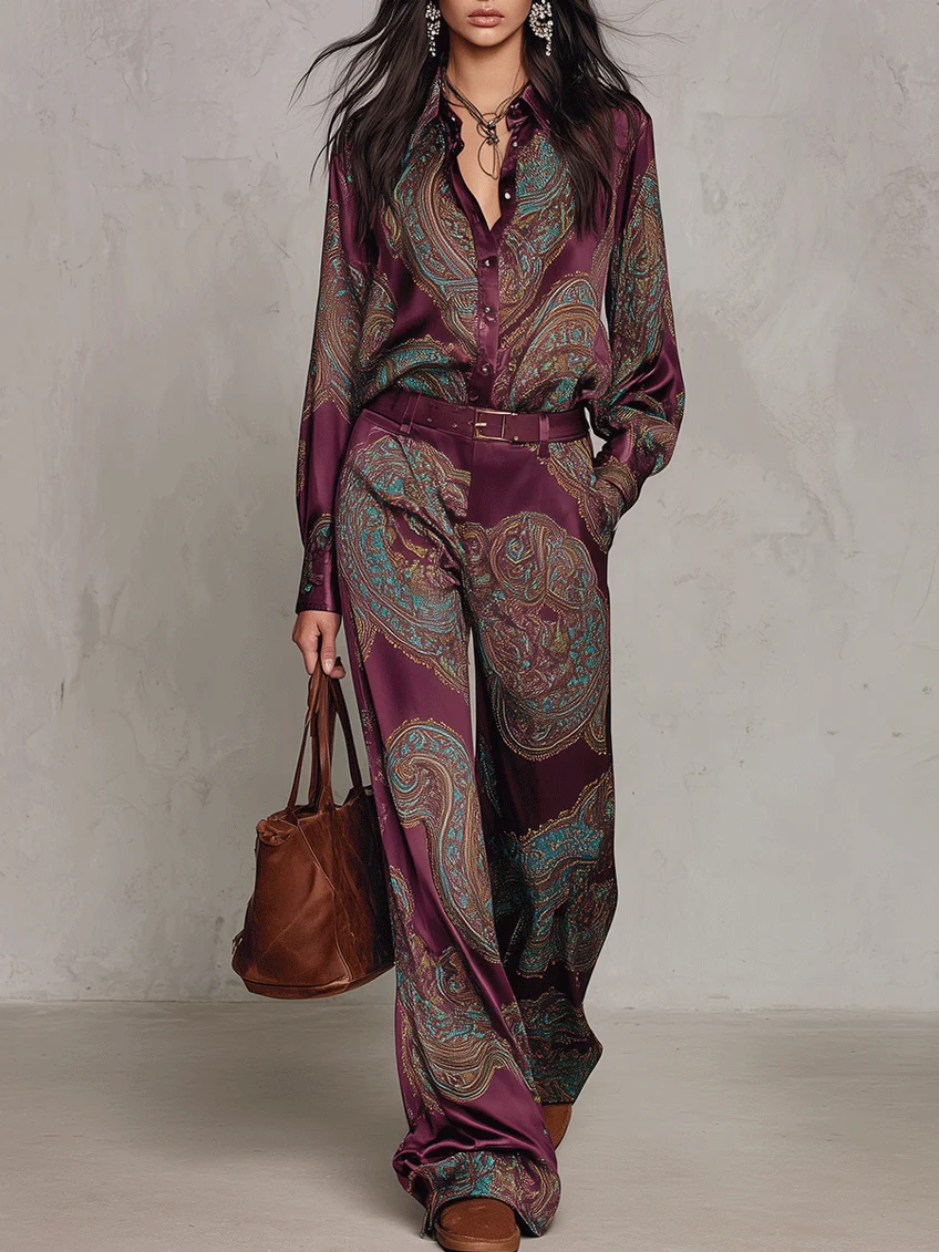 Eugenia™ Paisley Print Wide-Leg Two-Piece Set in Burgundy, full outfit