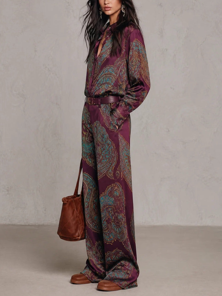 Eugenia™ Paisley Print Wide-Leg Two-Piece Set in Burgundy, shirt detail