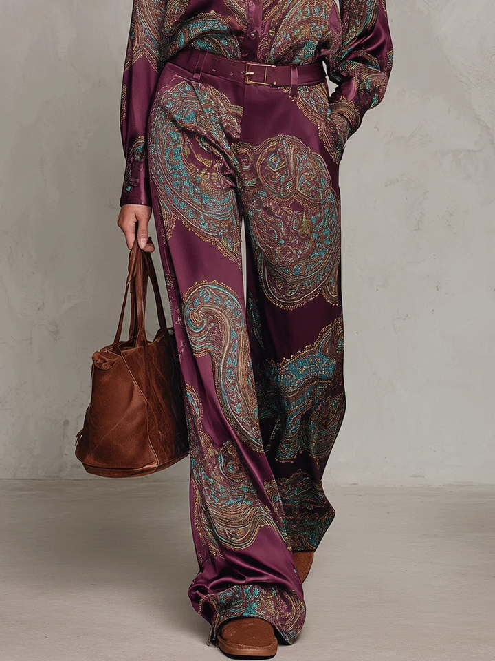 Eugenia™ Paisley Print Wide-Leg Two-Piece Set in Burgundy, walking side view