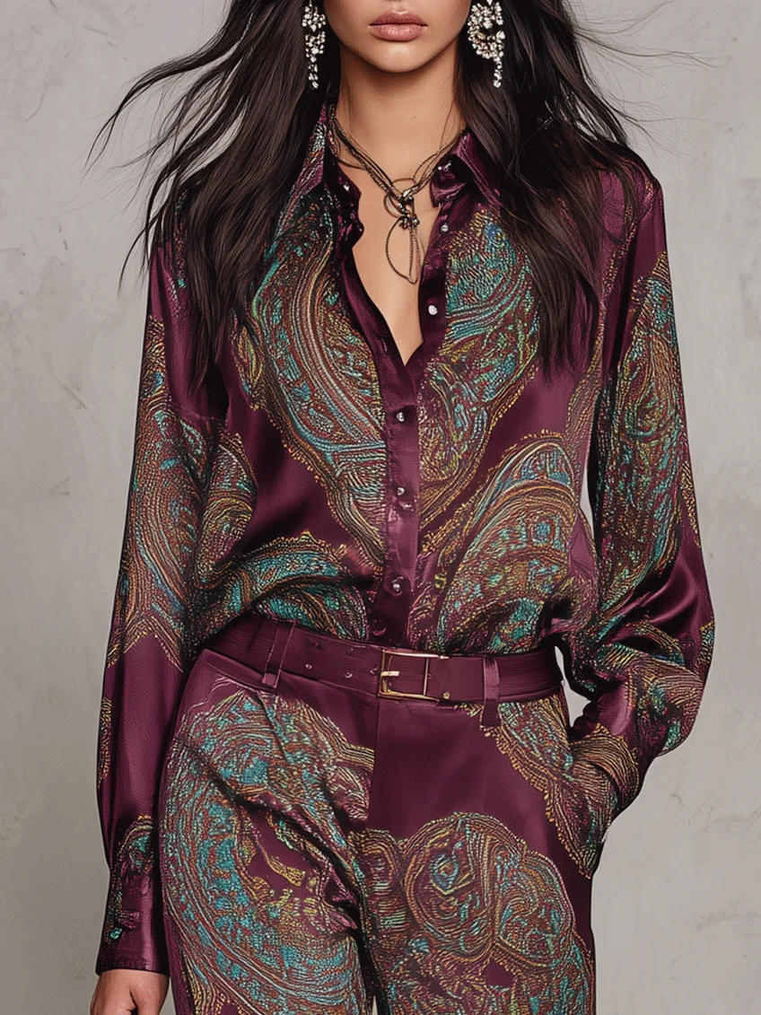 Eugenia™ Paisley Print Wide-Leg Two-Piece Set in Burgundy, shirt and belted waist