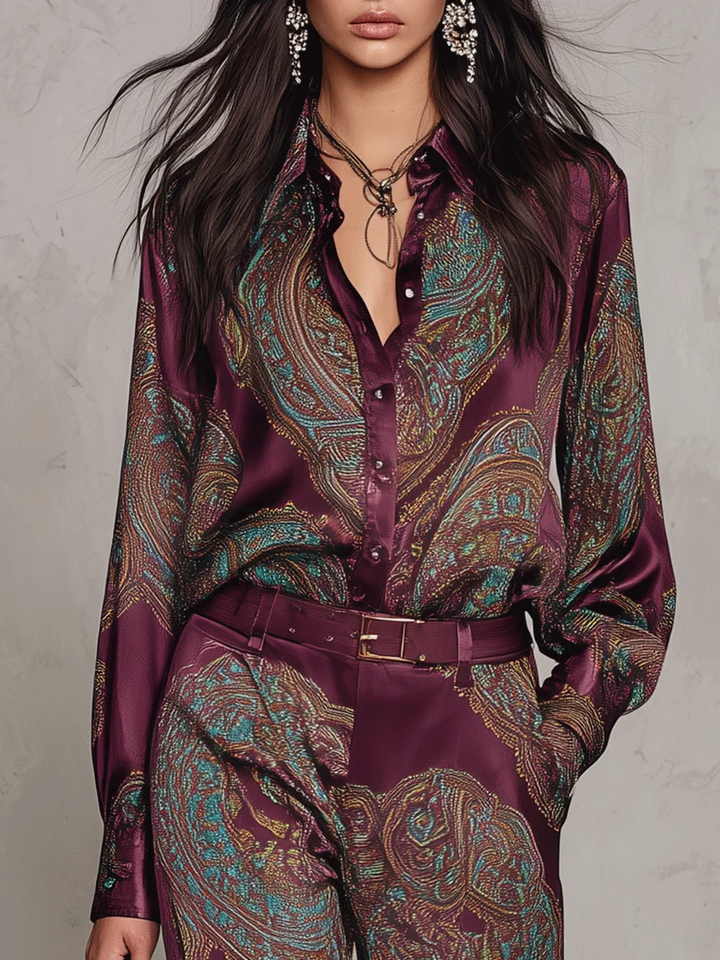 Eugenia™ Paisley Print Wide-Leg Two-Piece Set in Burgundy, shirt and belted waist