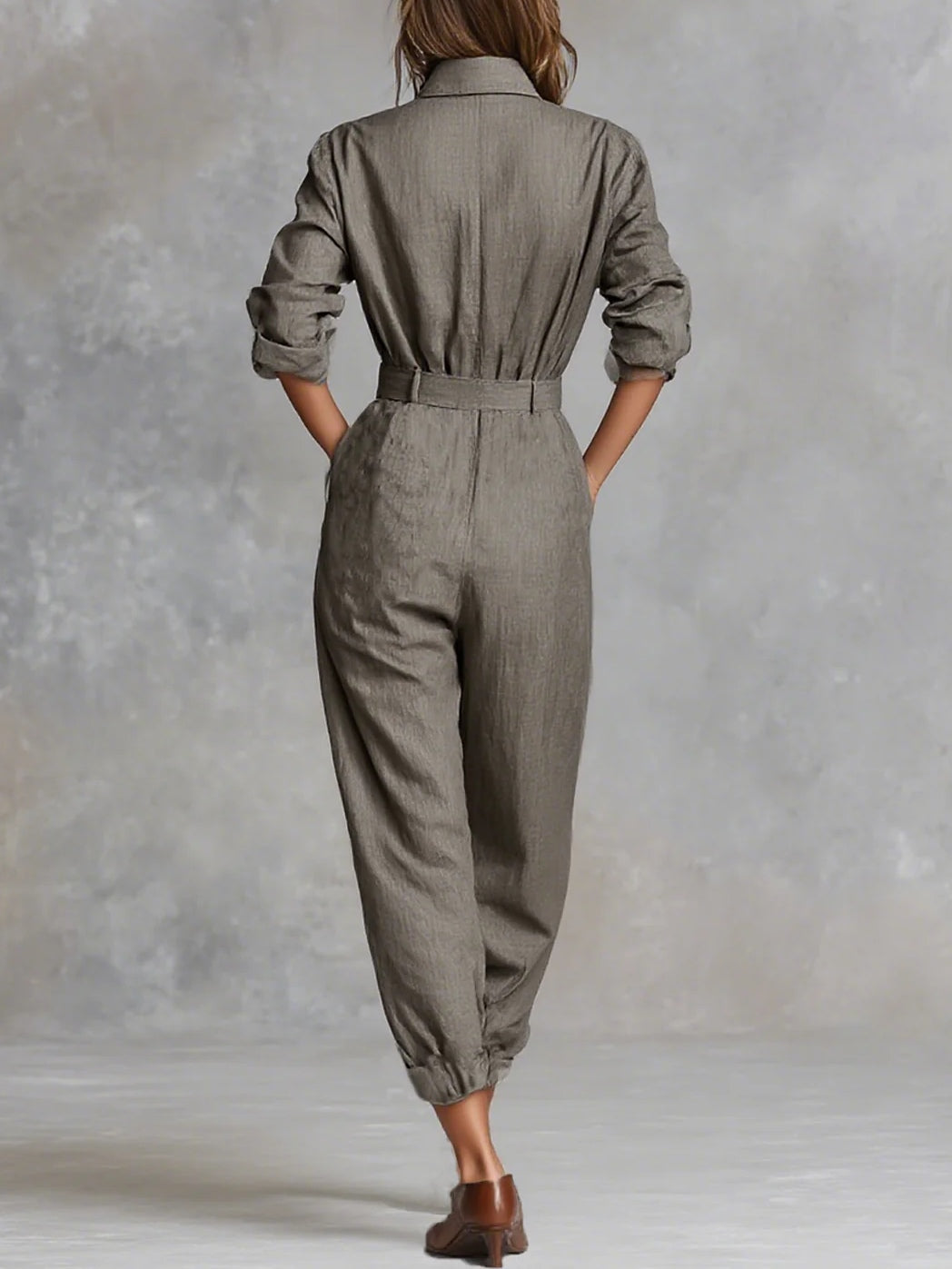 Marlene™ Collared Long-Sleeve Jumpsuit in Taupe, back view