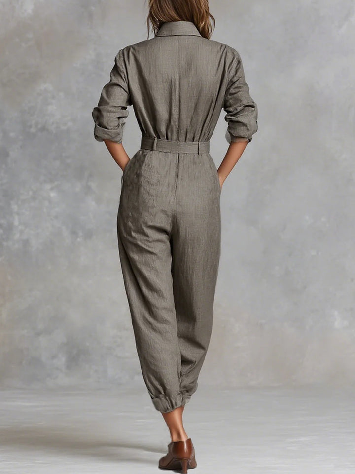 Marlene™ Collared Long-Sleeve Jumpsuit in Taupe, back view