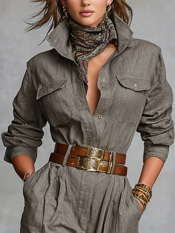 Marlene™ Collared Long-Sleeve Jumpsuit in Taupe, shirt collar and chest pockets