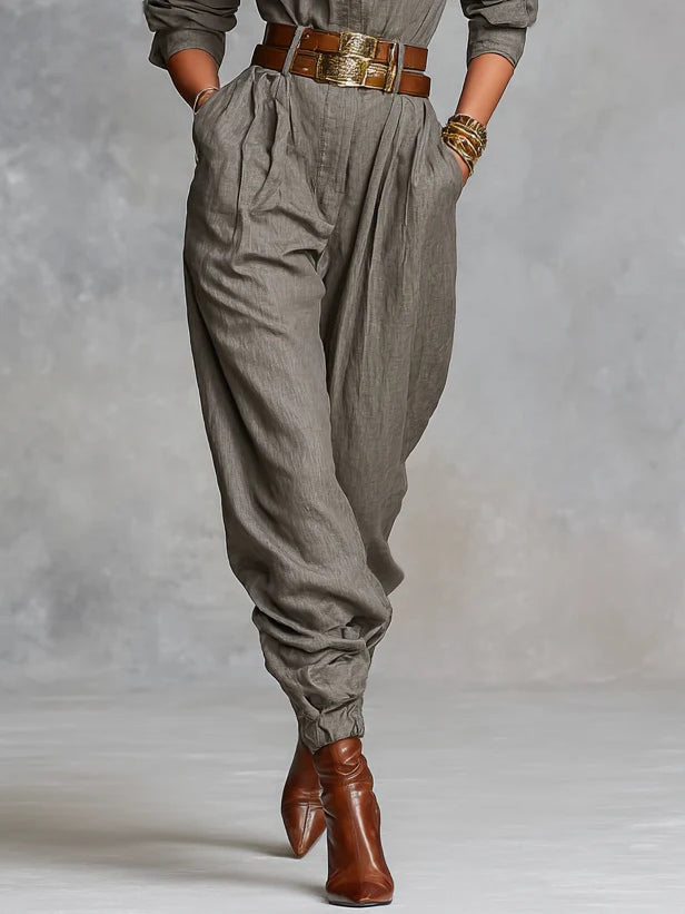 Marlene™ Collared Long-Sleeve Jumpsuit in Taupe, gathered waist and hip
