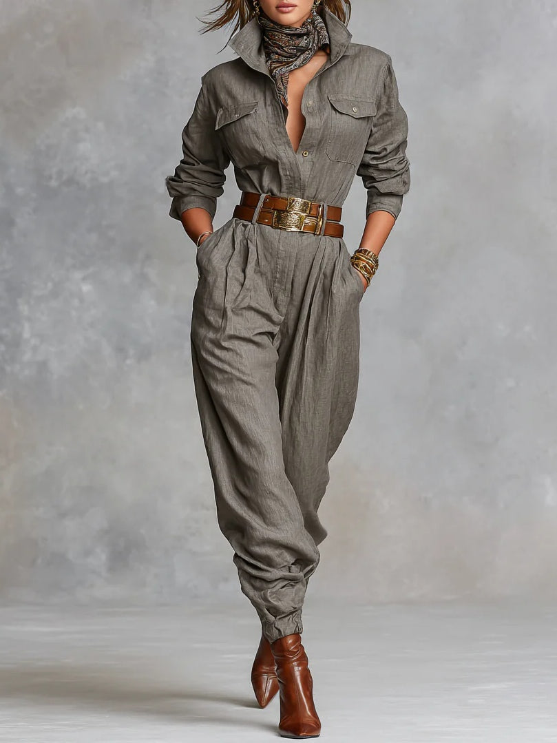 Marlene™ Collared Long-Sleeve Jumpsuit in Taupe, full length