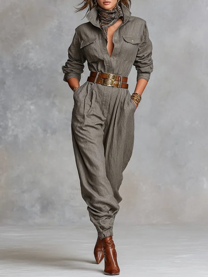Marlene™ Collared Long-Sleeve Jumpsuit in Taupe, full length