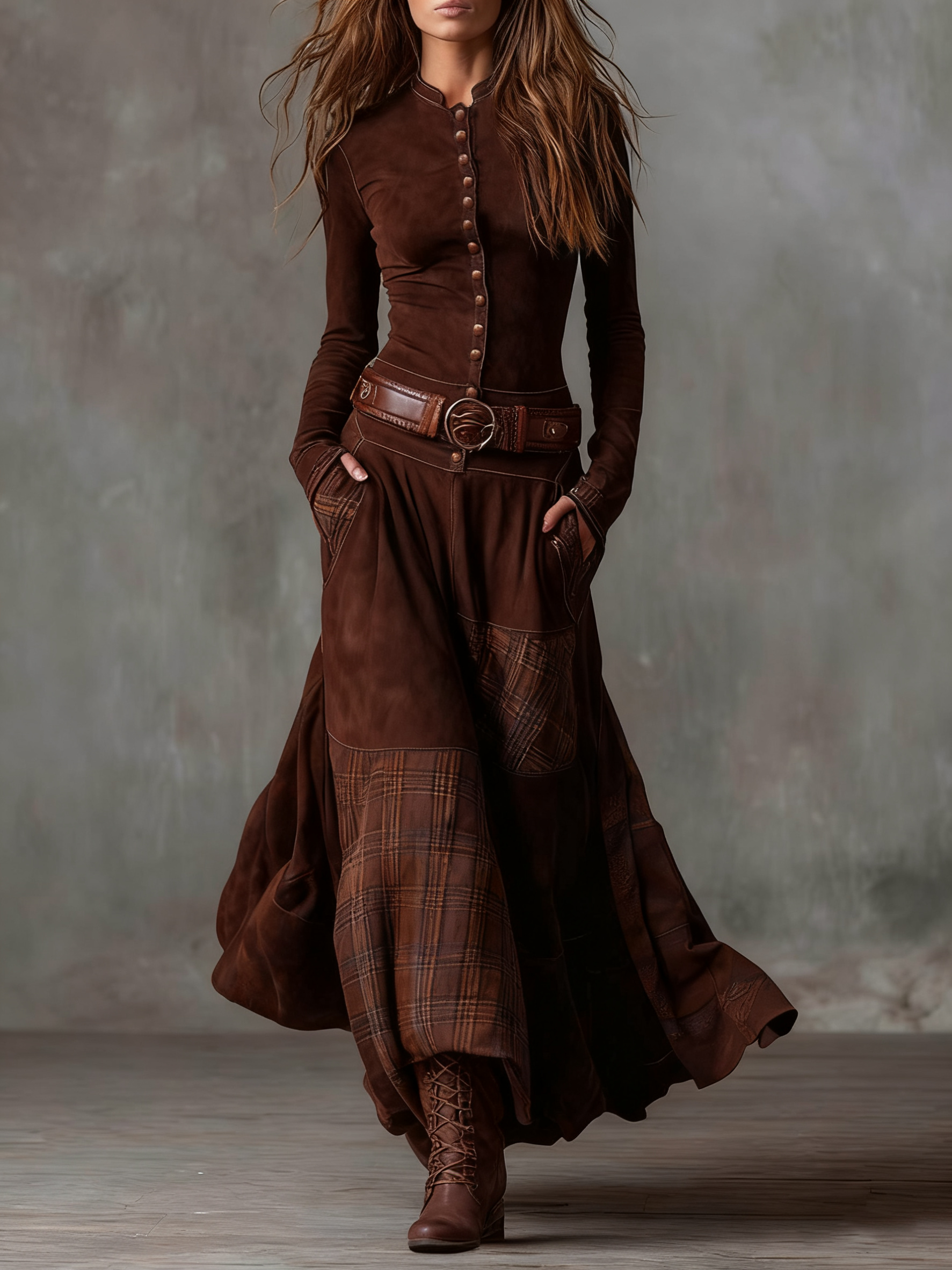 Izabella Suede-Effect Maxi Dress with Plaid Panels - photo 2