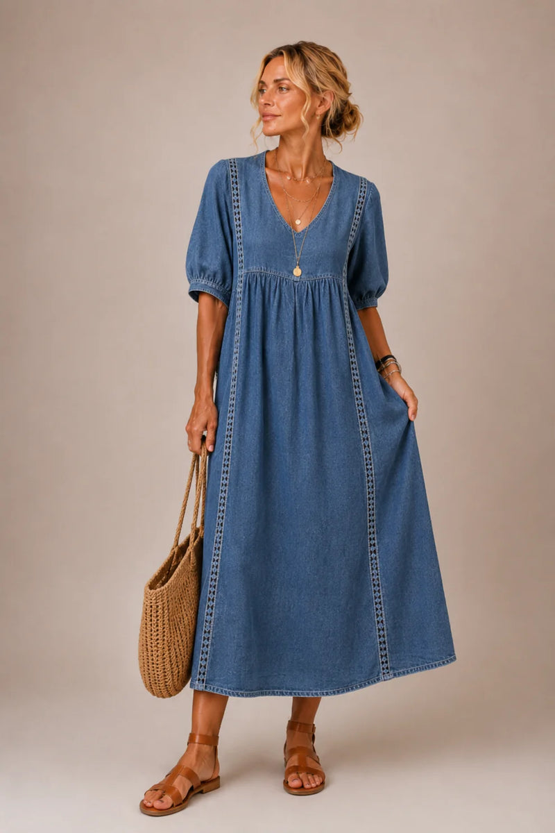 Arlene™ Lace Trim Puff Sleeve Maxi Dress in Navy, shown full length on a model