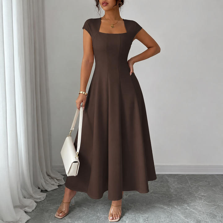 Norma™ Square Neck A-Line Maxi Dress in Brown, shown full length on a model