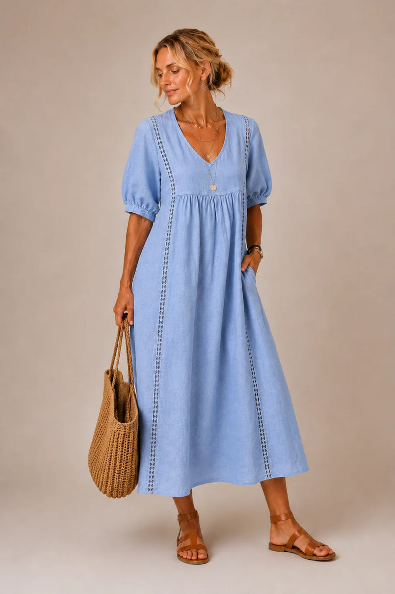 Arlene™ Lace Trim Puff Sleeve Maxi Dress in Light Blue, shown full length on a model