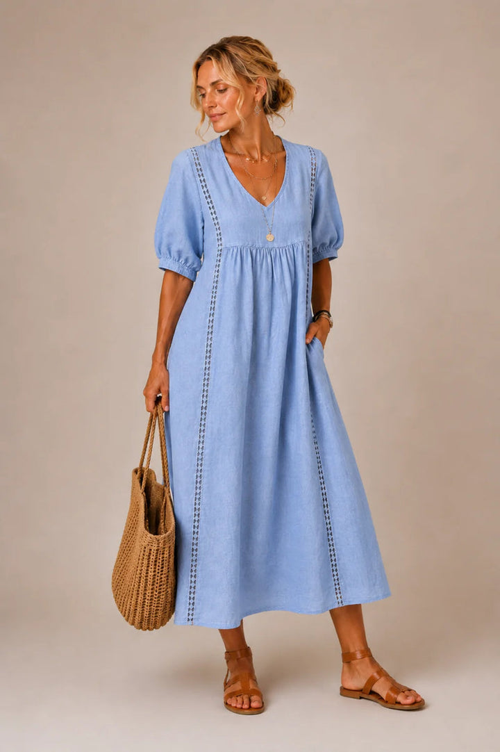Arlene™ Lace Trim Puff Sleeve Maxi Dress in Light Blue, shown full length on a model