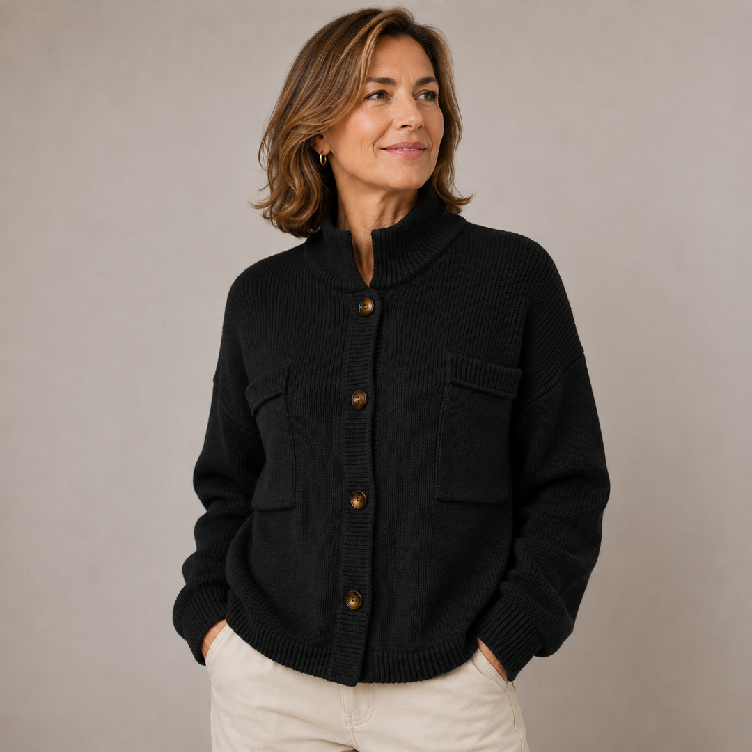 Augusta™ Stand Collar Button Cardigan in black, front view