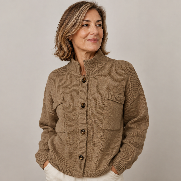 Augusta™ Stand Collar Button Cardigan in camel, front view
