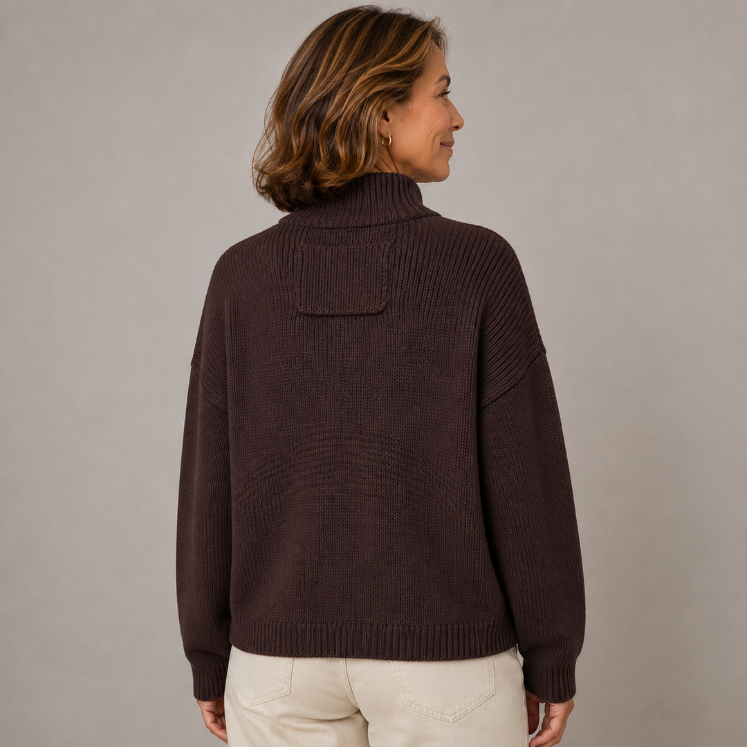 Augusta™ Stand Collar Button Cardigan in chocolate, back view