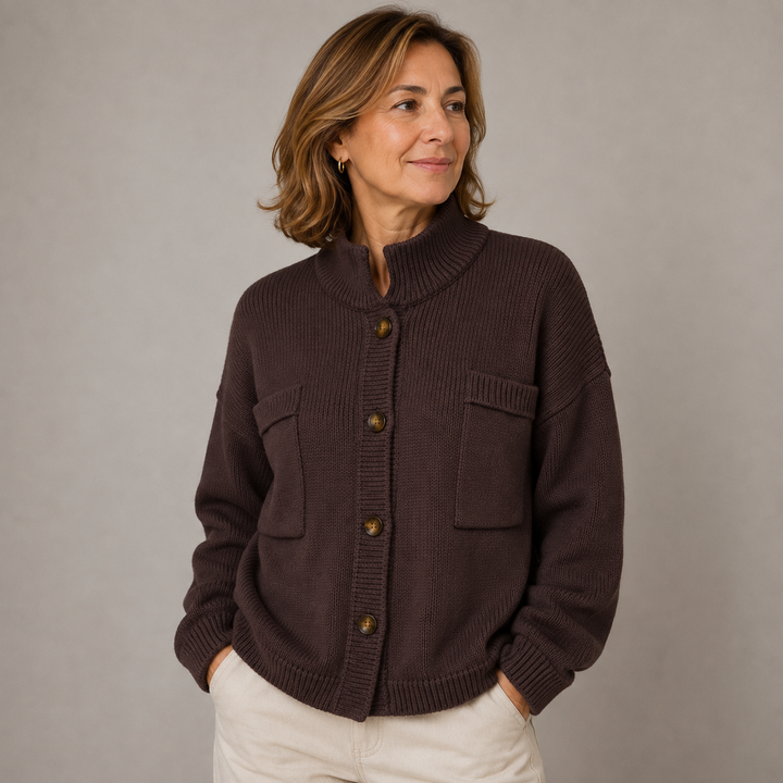 Augusta™ Stand Collar Button Cardigan in chocolate, front view