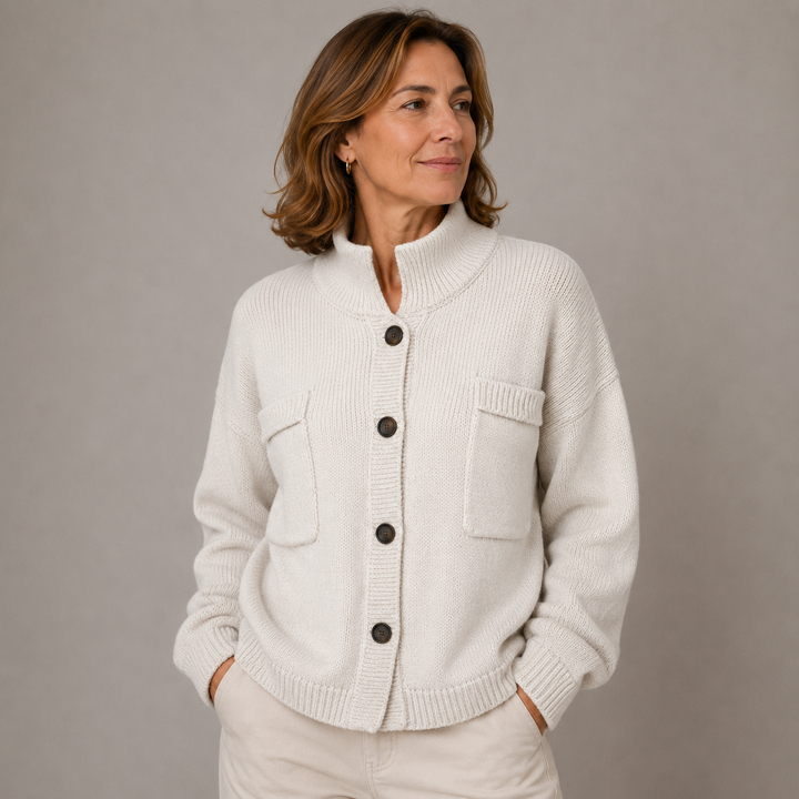 Augusta™ Stand Collar Button Cardigan in cream, front view